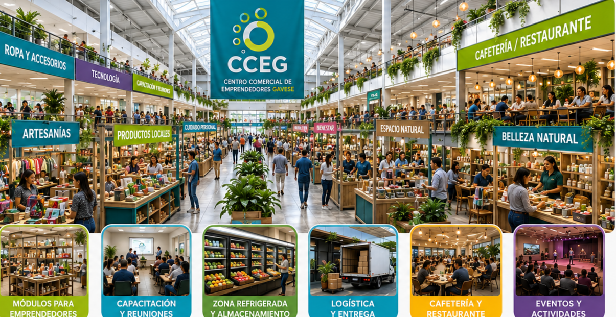 Interior del CCEG: pasillos con módulos de emprendedores, cafetería, capacitación, zona refrigerada y logística